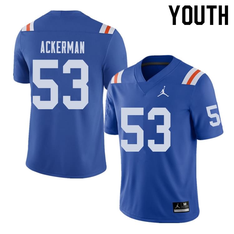 Youth NCAA Florida Gators Brendan Ackerman #53 Stitched Authentic Alternate Jordan Brand Royal Throwback College Football Jersey MPL0565VO